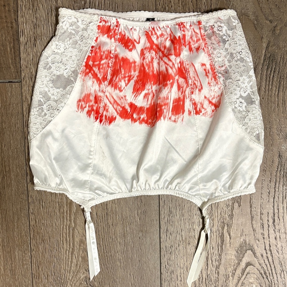 Dolls Kill White Satin Slip Mini Skirt w Garter Straps & Fake Blood Print